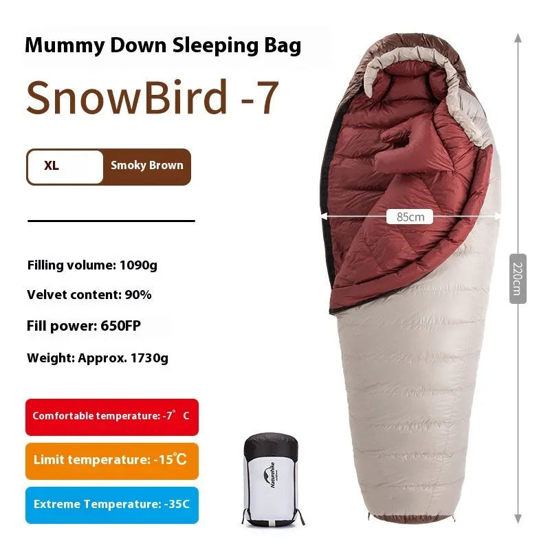 Goose down mummy sleeping bag with storage bag, shown in a neutral colour for adult outdoor use