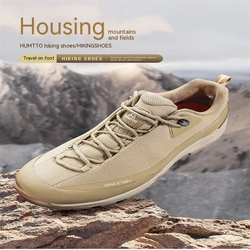 Men's low-top mountain climbing shoes with leather mesh upper and non-slip rubber soles