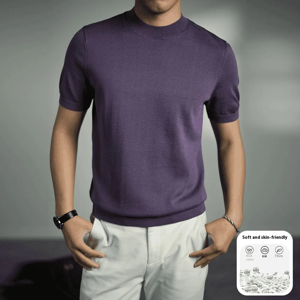 Men's knitted T-shirt with round neck and short sleeves in chemical fibre blend fabric