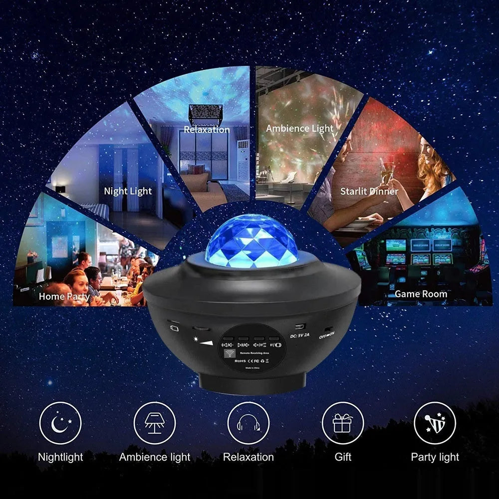 Black bowl-shaped star projection lamp with laser effects and Bluetooth connectivity on wooden desk
