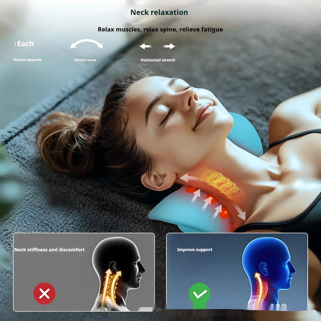 Blue PU leather sleep cervical traction pillow with infrared red light pulse functions, dimensions 230x200x130mm