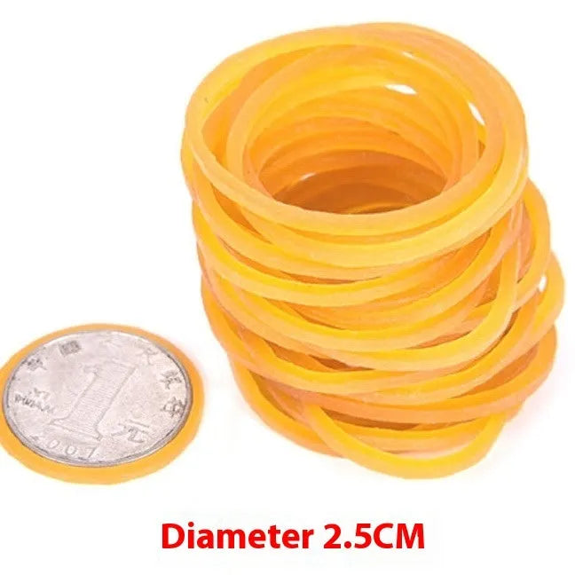 500g pack of assorted yellow rubber bands in sizes from 16mm to 70mm diameter