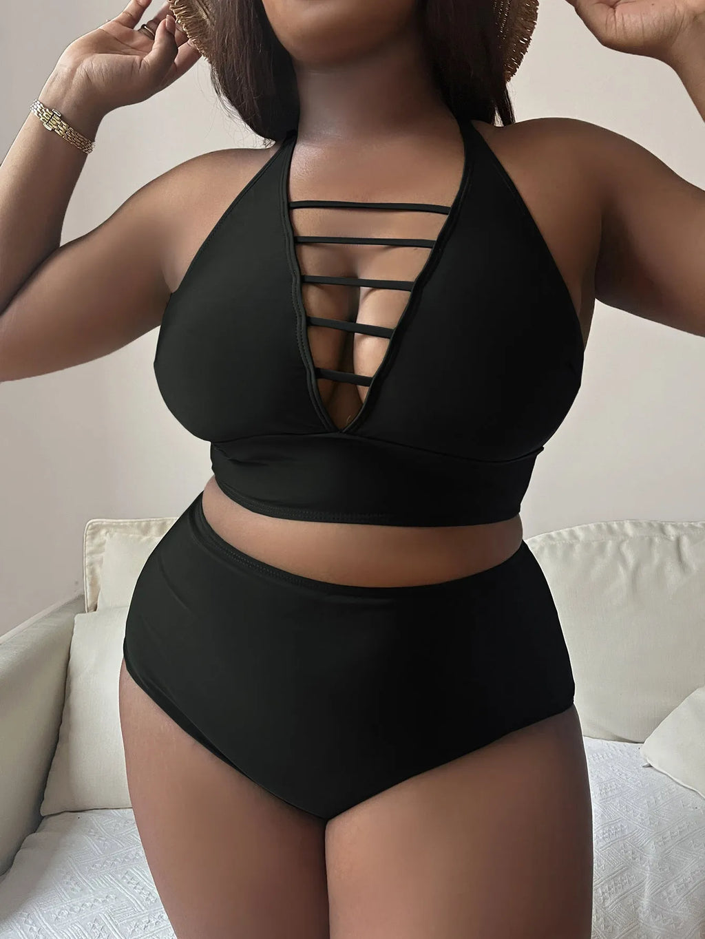 Plus size high waist halter bikini set in solid color with adjustable cross straps and backless design