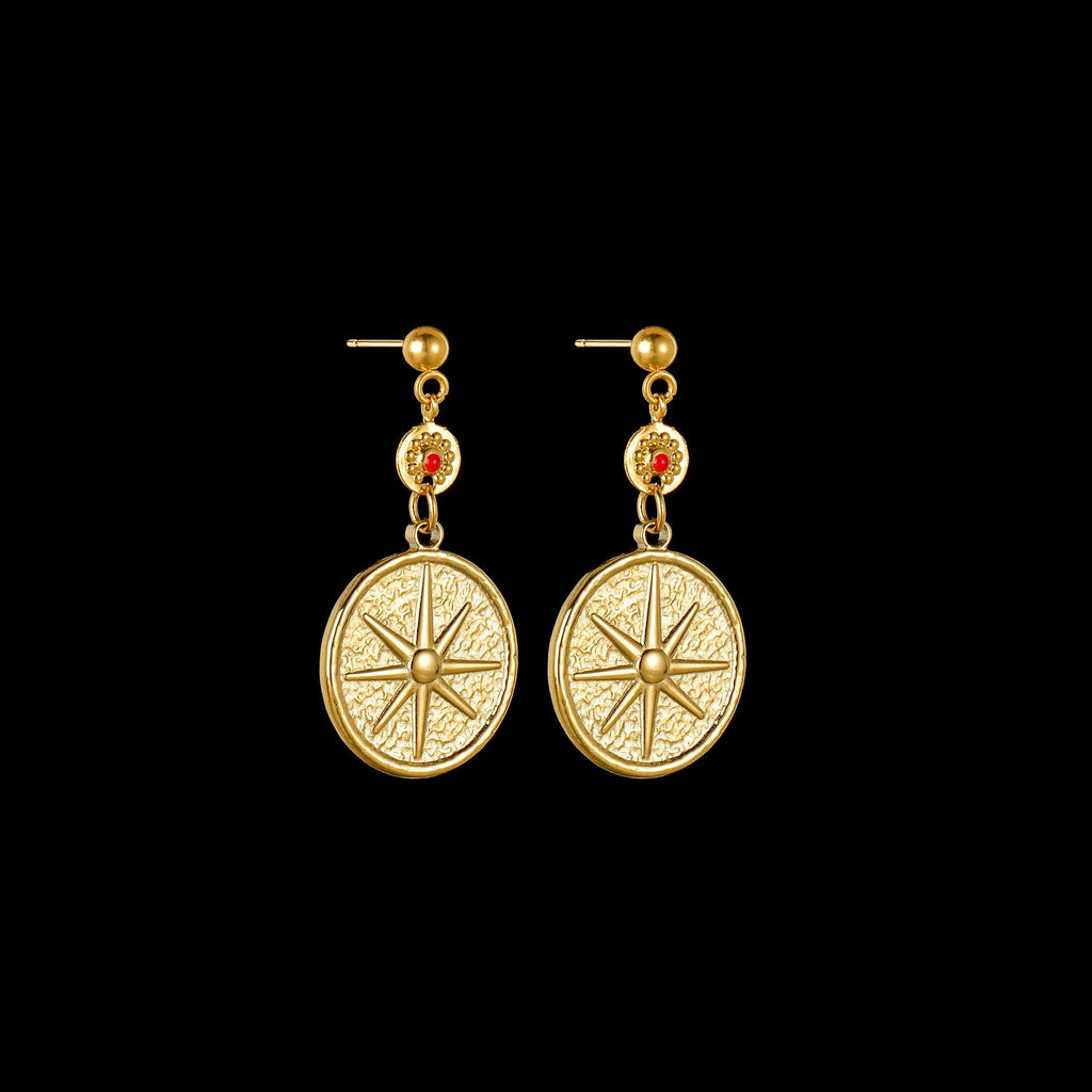 Geometric stainless steel earrings showing eight-point star, eye symbol, and shell sun designs
