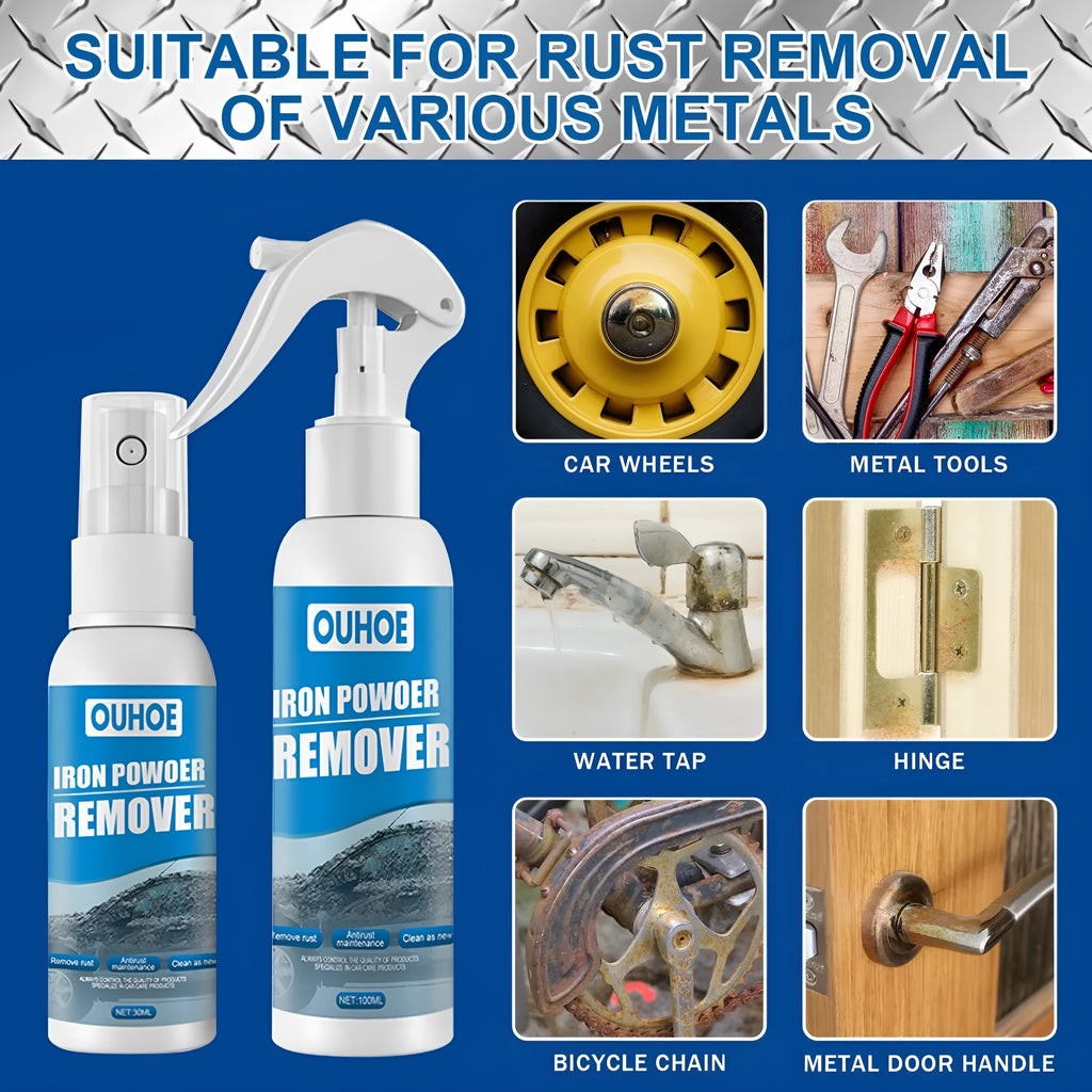 Car iron powder rust remover spray bottle with blue sponge and towel on a car surface.