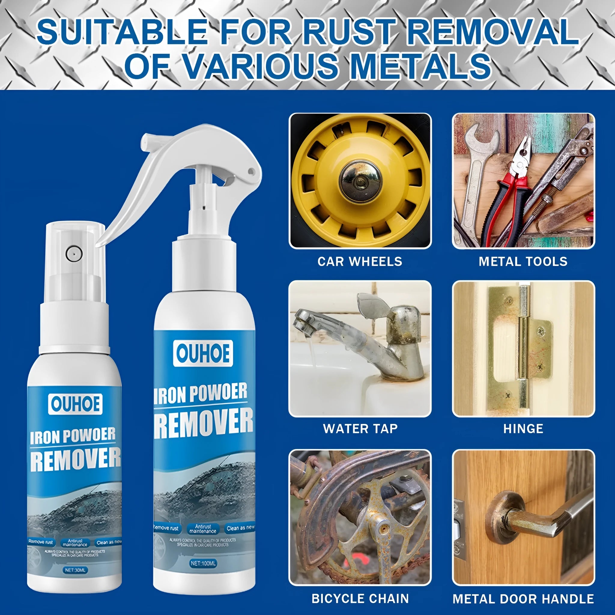 Car iron powder rust remover spray bottle with blue sponge and towel on a car surface.