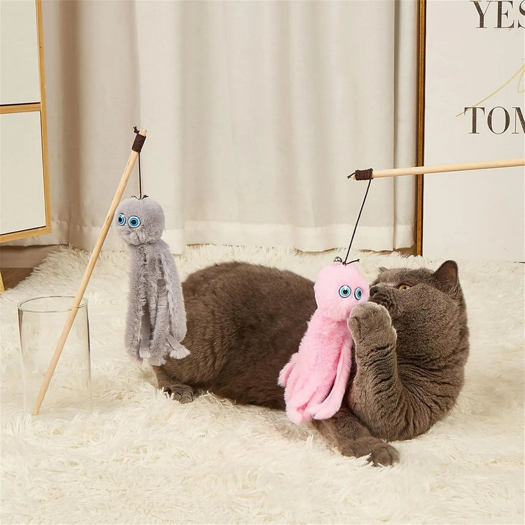 Brightly coloured furry octopus cat toy attached to a long stick for interactive indoor play