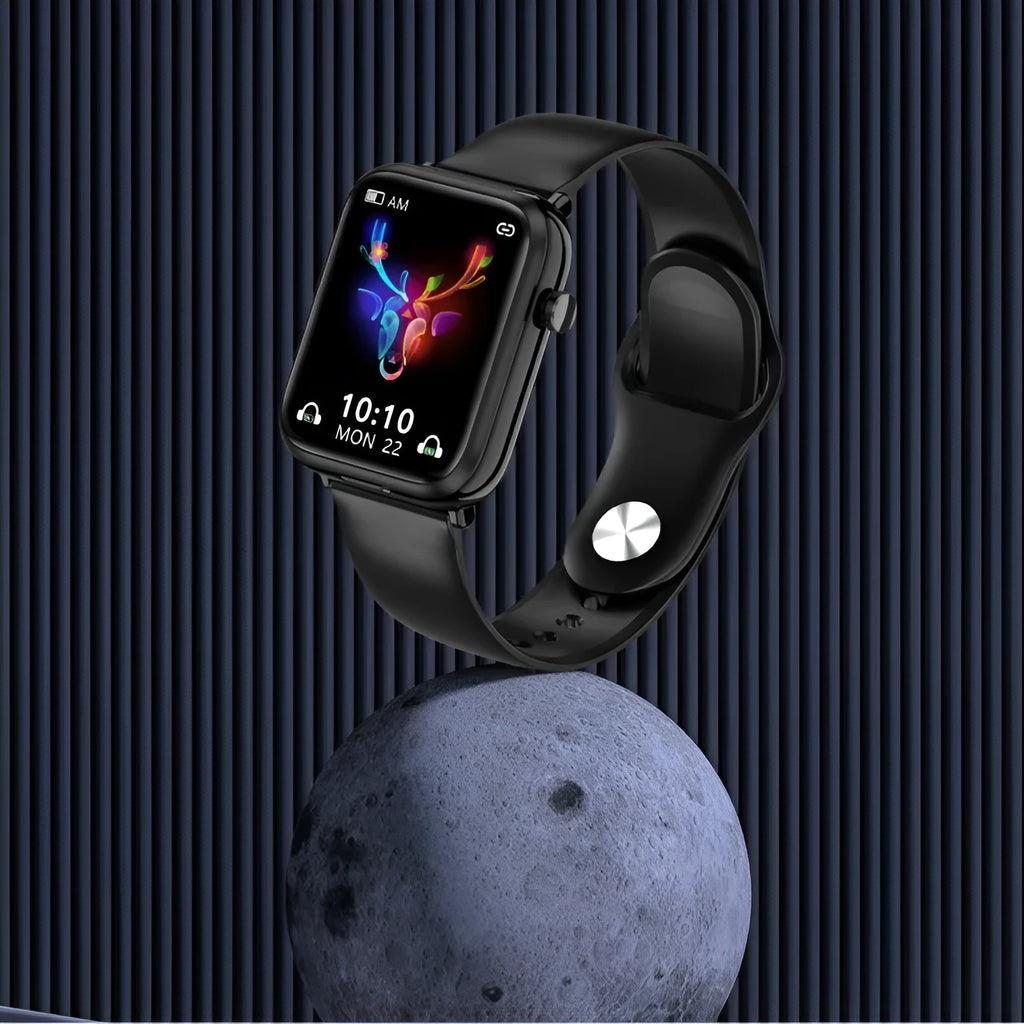 Black zinc alloy smartwatch with 1.69-inch touchscreen next to wireless Bluetooth earbuds and charging case.