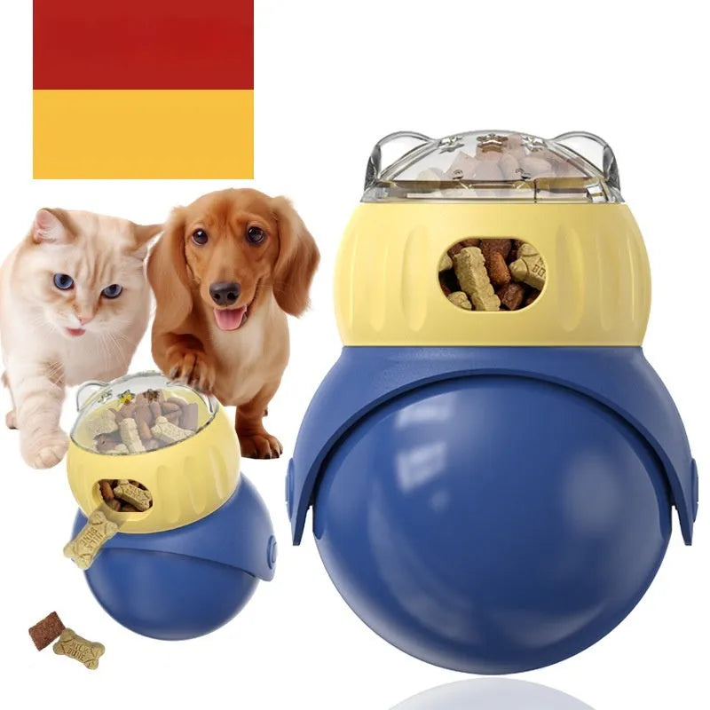 Owl-themed yellow and blue plastic cat feeder tumbler with food puzzle system