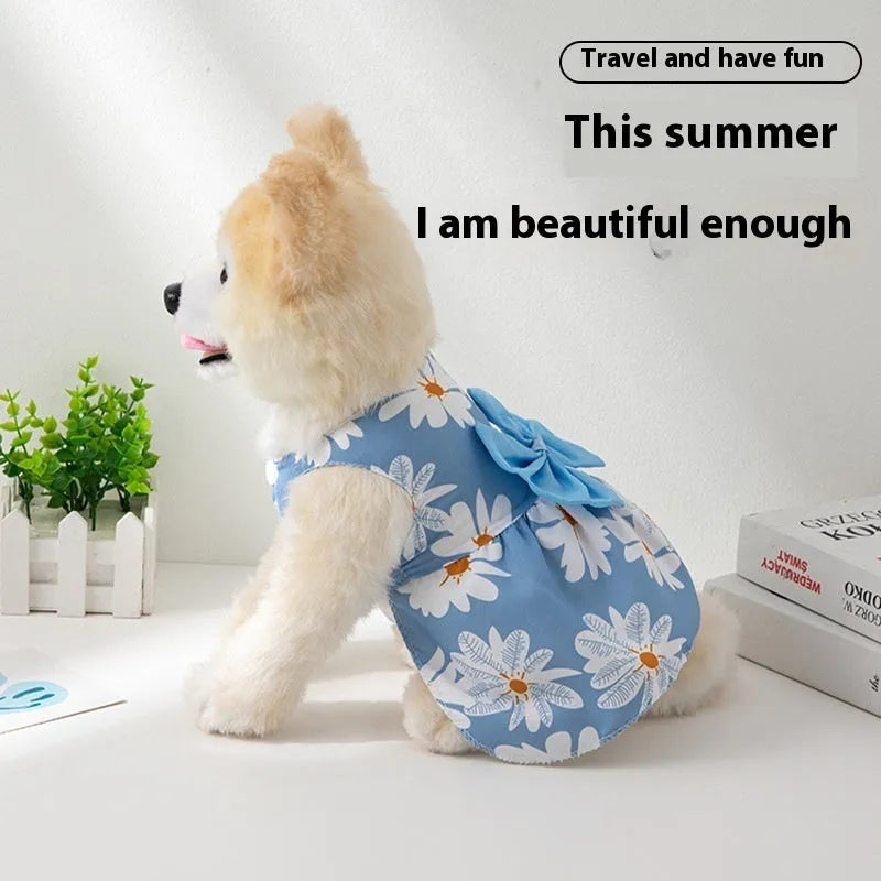 Summer pet dress with floral butterfly knot design in multiple bow colours for dogs and cats