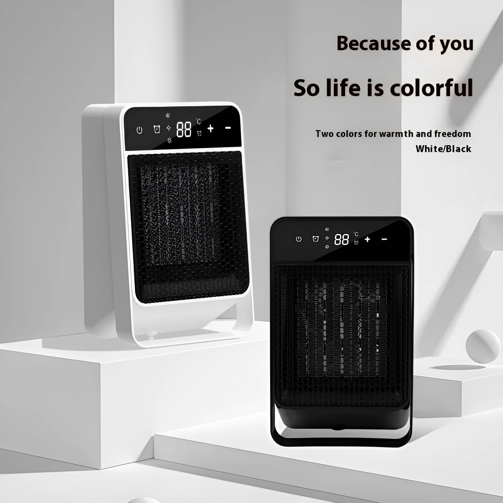 Desktop electric heater with touch screen display and remote control in black or white colour options