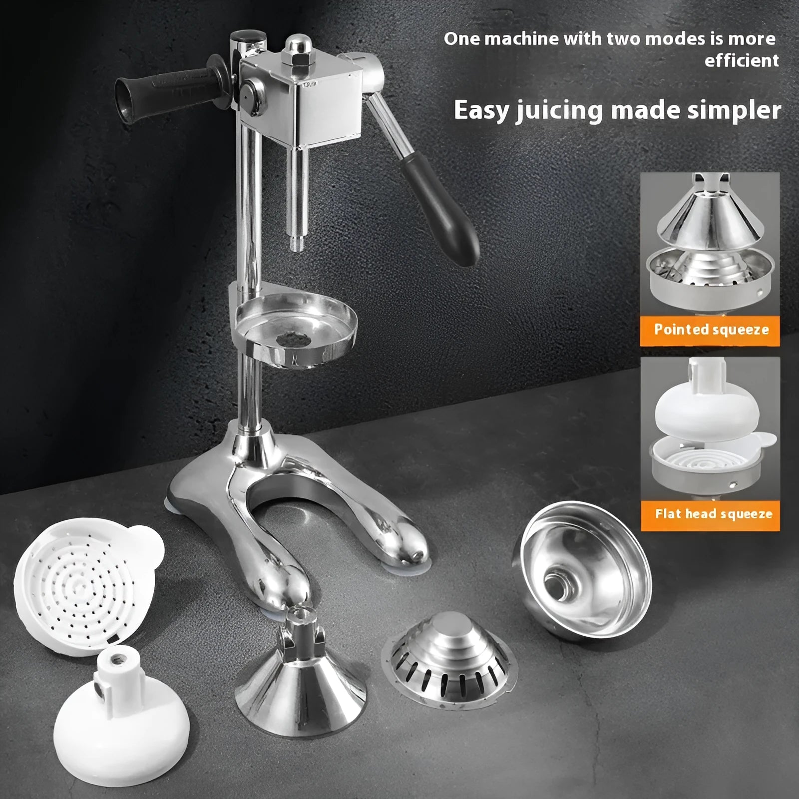 Vertical stainless steel manual juicer with zinc alloy base in choice of colours with pointed, flat or double head options