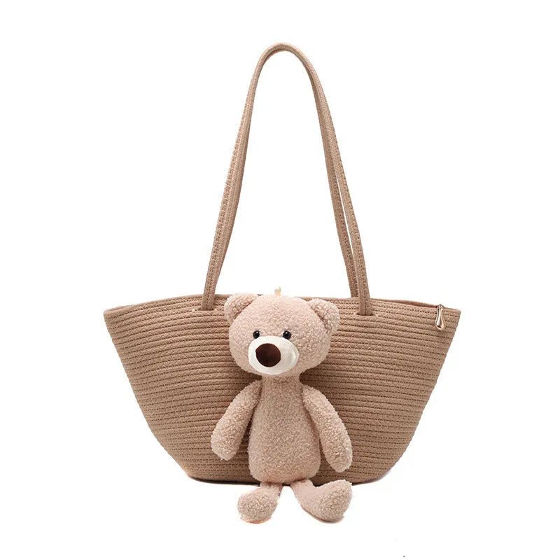 Woven cotton linen dumpling shape shoulder bag with double straps in six colour options