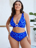 Blue floral plus-size split bikini swimsuit for adult women