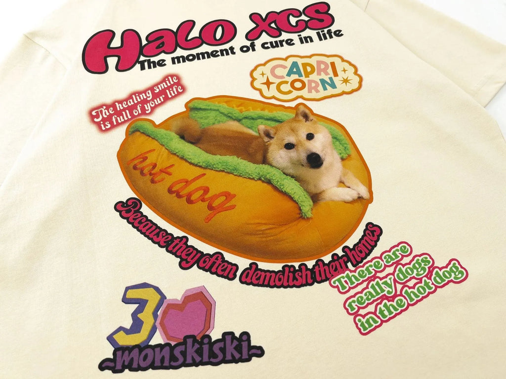 Cartoon hamburger dog printed short-sleeved T-shirt in 100% cotton
