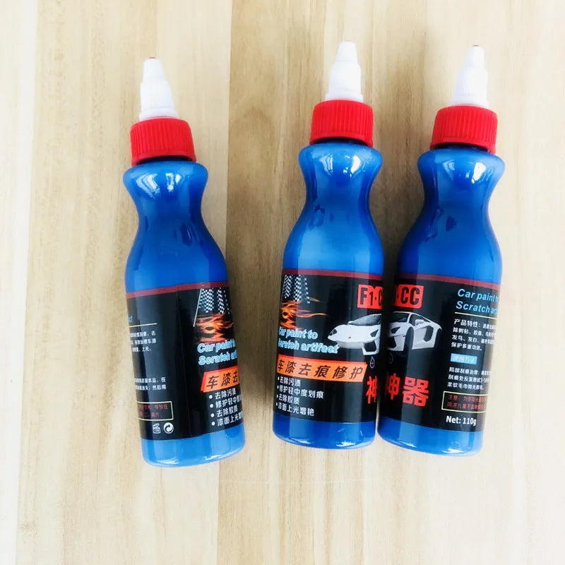 Blue automotive scratch repair agent with applicator sponge for car paint damage restoration