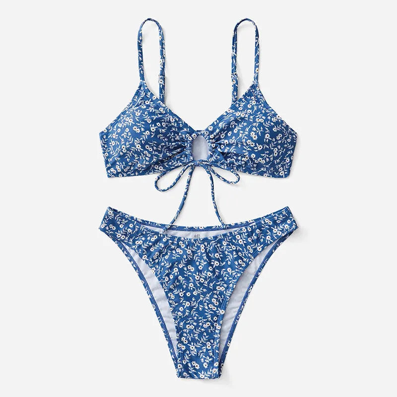 Blue women's three-piece swimsuit set without underwire including top and shorts