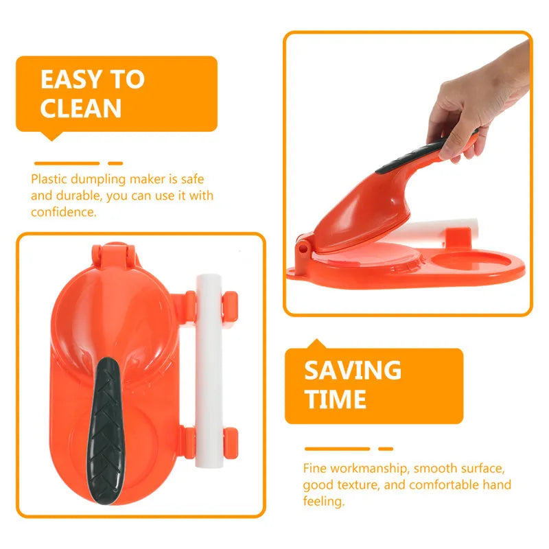3 in 1 plastic dumpling maker with ergonomic handle and rolling pin in white on a table