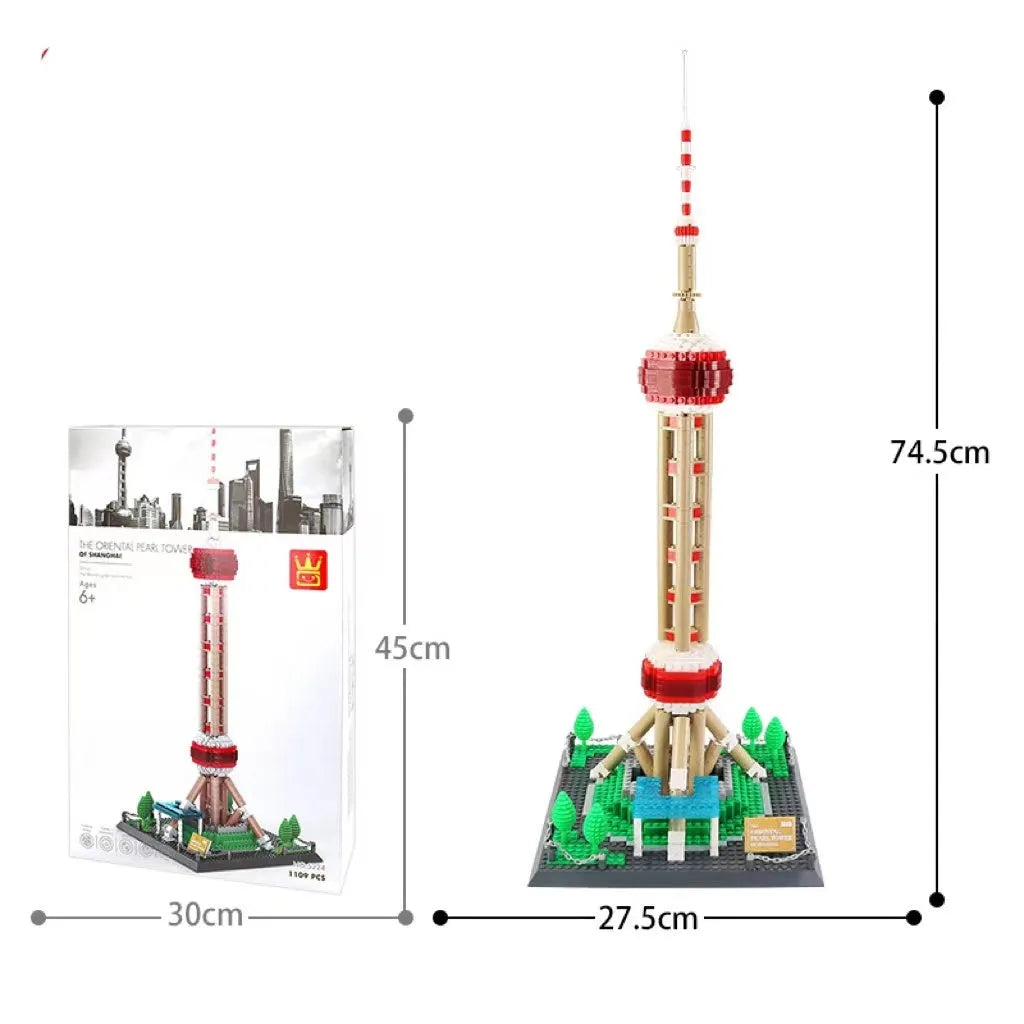Wange building block set showing over 800 small ABS plastic pieces for constructing global landmark models.
