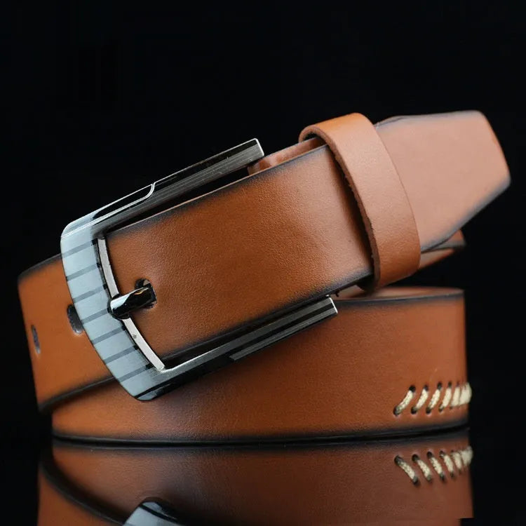 Men's retro style pin buckle casual belt in black with threading pattern, alloy buckle, 110cm length