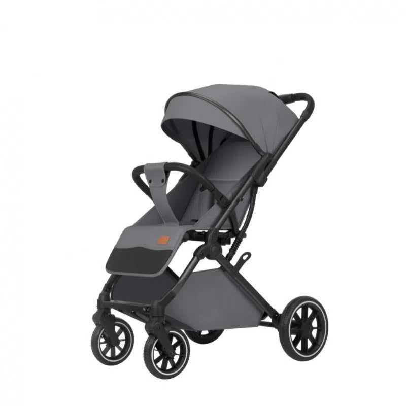 Lightweight folding baby stroller with four-wheel shock absorbers, iron frame, available in black, dark gray, light gray, and khaki