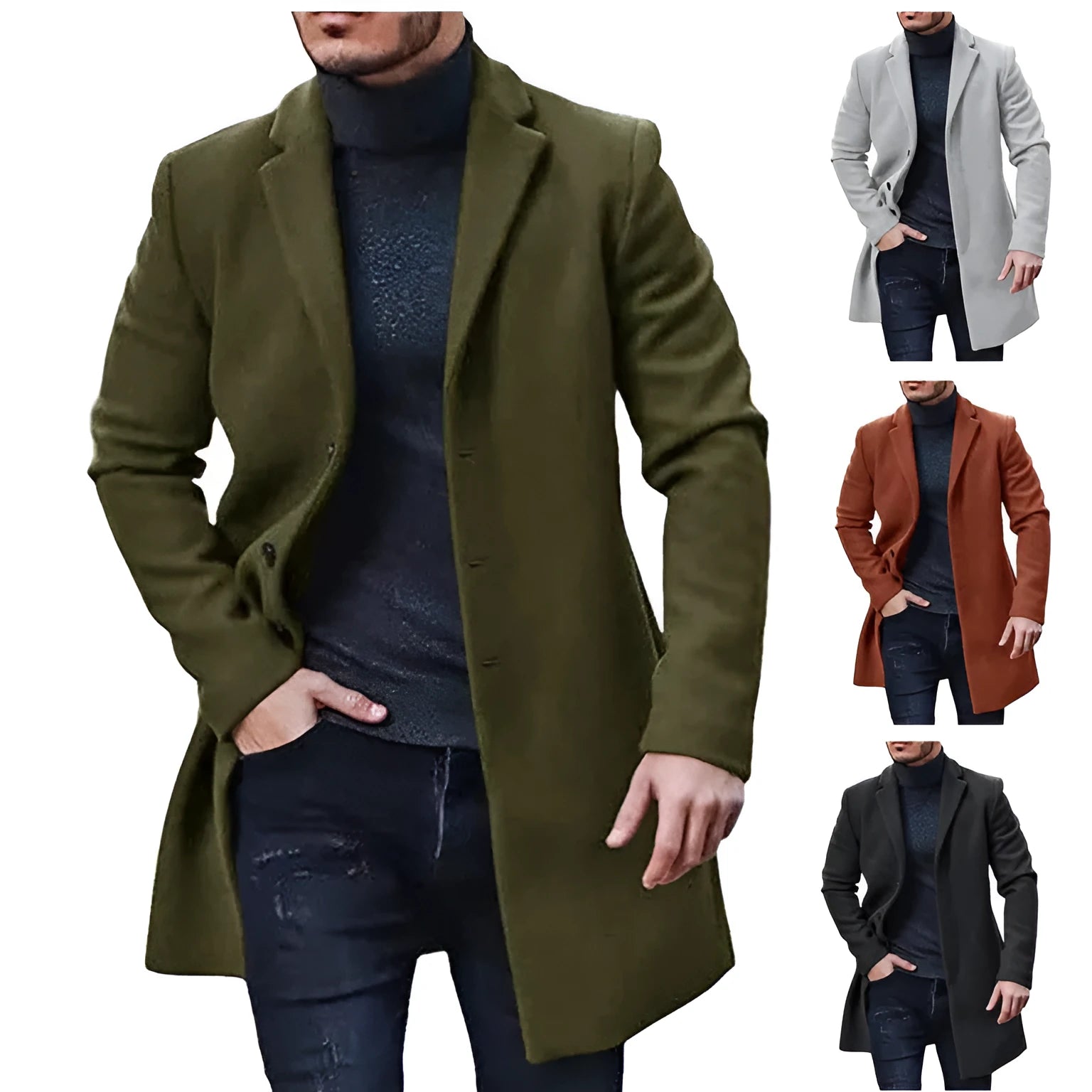 Men's medium-length tweed coat in Camel colour, with thickened polyester fabric on display