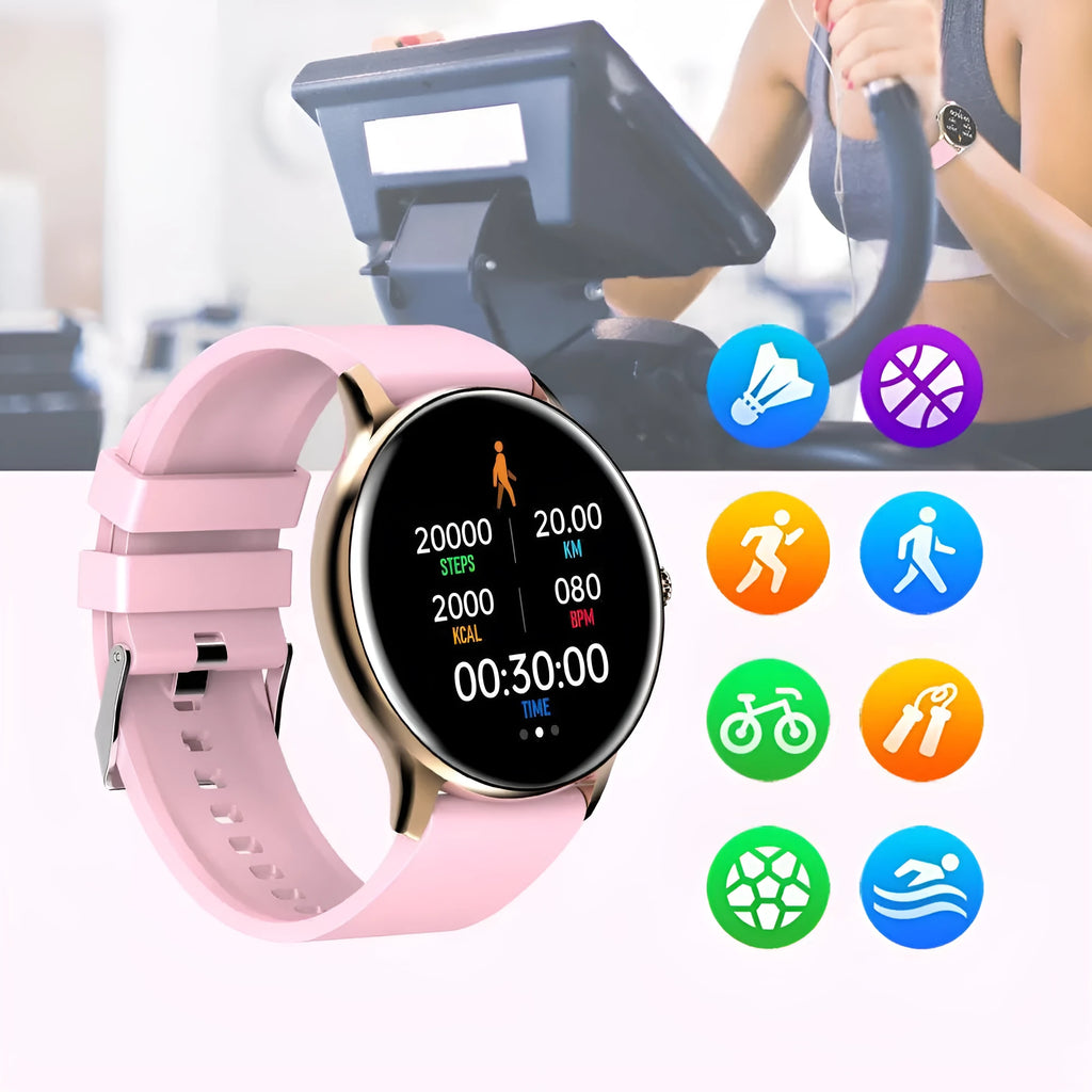 Smart Bluetooth sports watch with circular display showing health metrics on silicone wristband