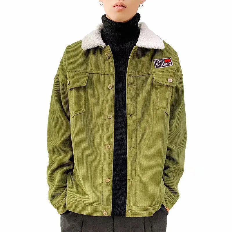 Men's loose fit corduroy workwear jacket in khaki colour with patch pockets.