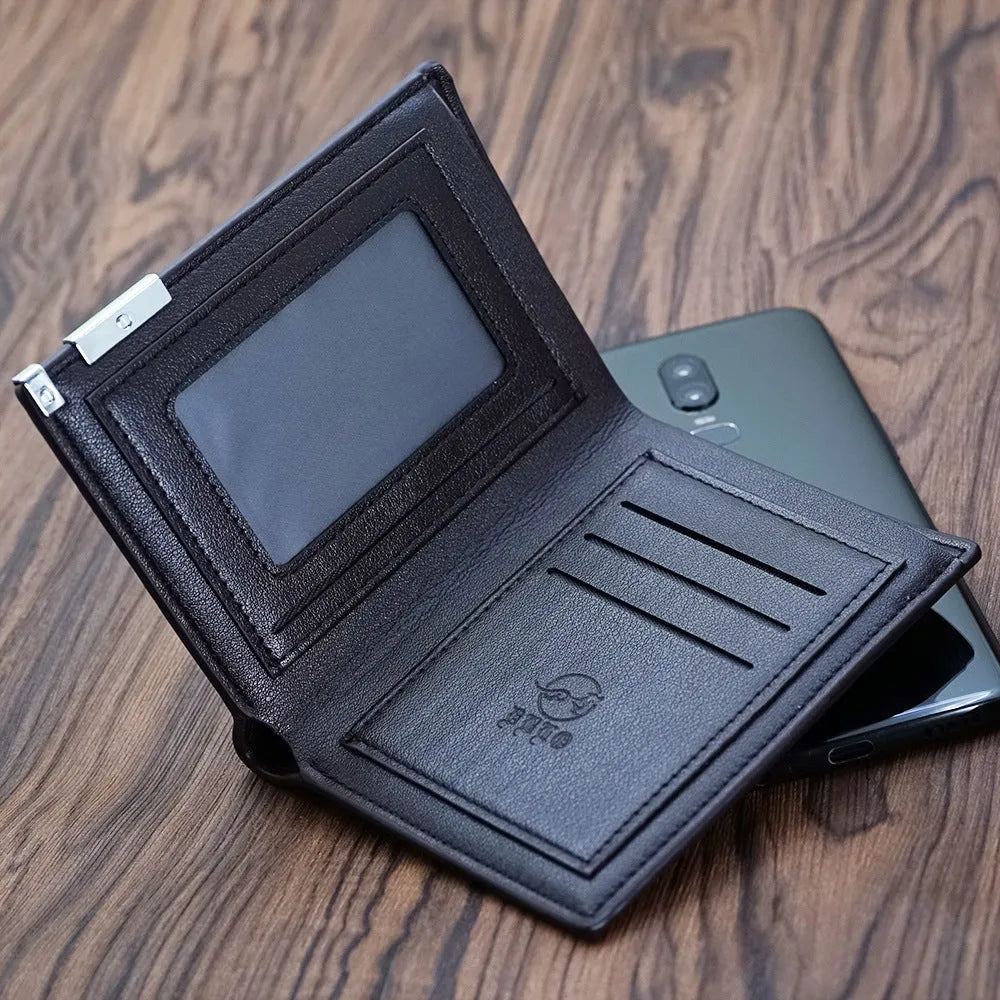 Men's brown leather wallet with a silver zipper fastening, shown open to reveal multiple card slots.