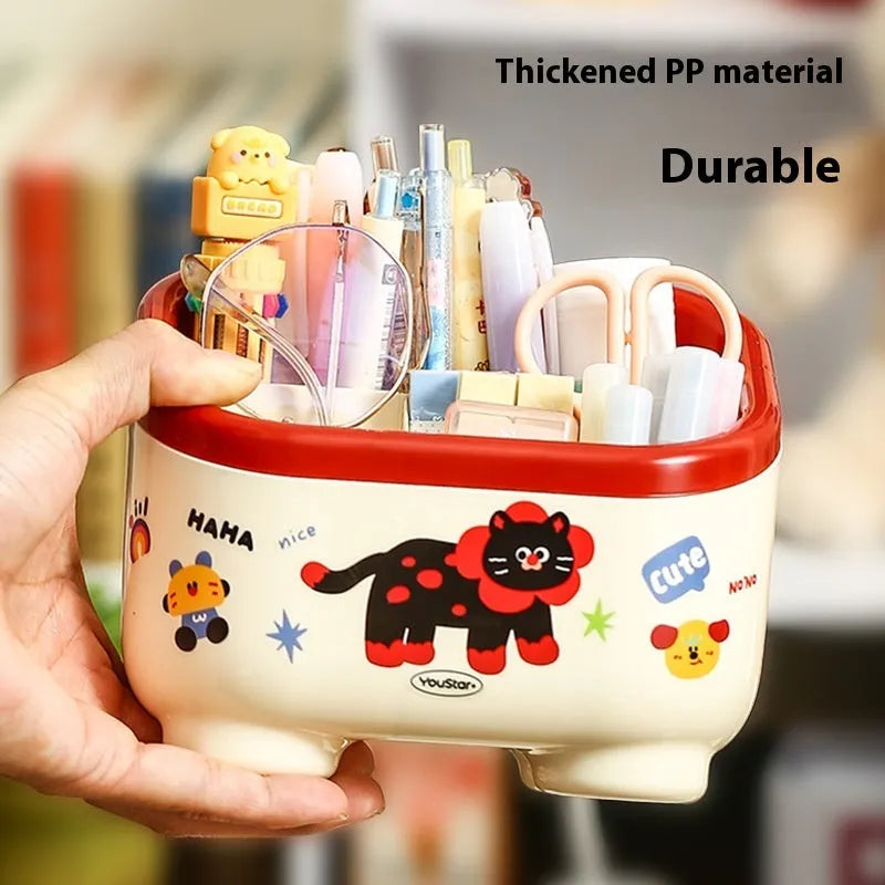 Red and brown cartoon-style plastic desktop storage organiser with grid pattern for stationery and sundries.