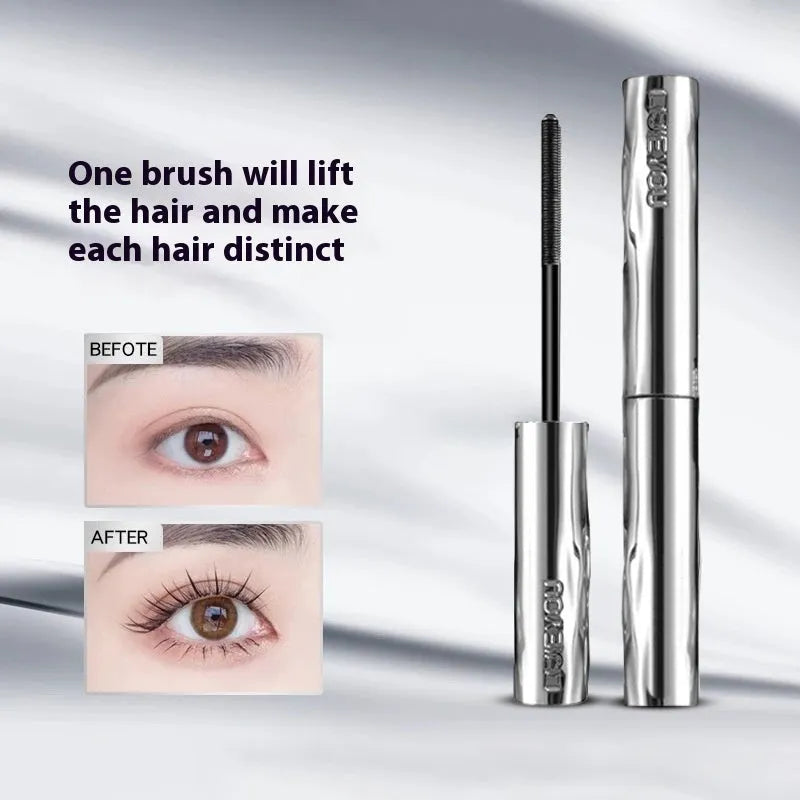 Waterproof mascara in steel tube with black and brown shades and optional eyelash curler
