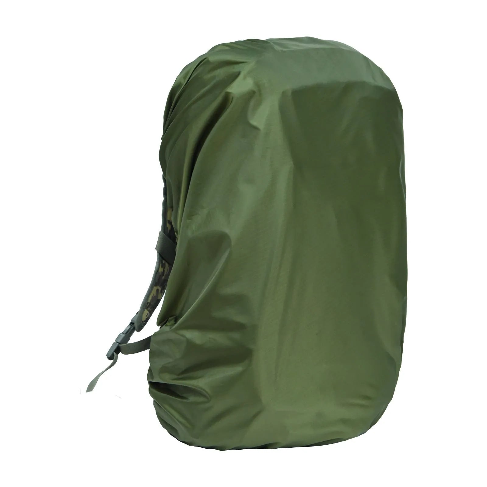 Army Green waterproof rain cover for an 80-litre outdoor backpack on a hiking trail.