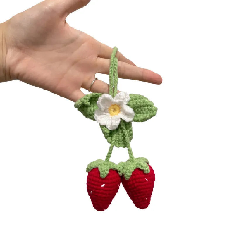 Handmade strawberry car pendant decoration made from cotton and hemp cord
