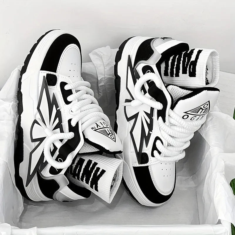 Men's white chunky sole sneakers with cartoon totem pattern and front lace-up design.