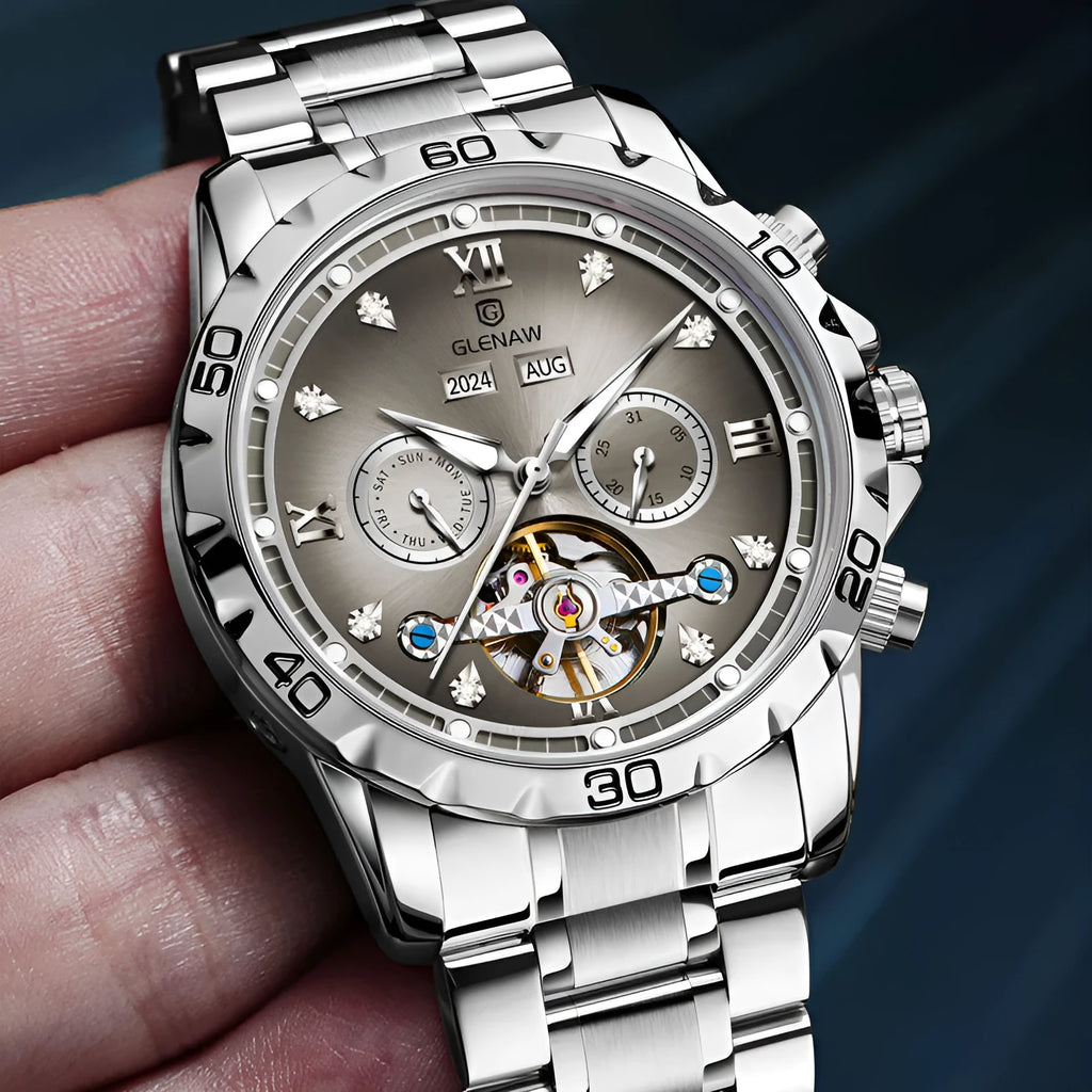 Men's automatic mechanical watch with stainless steel strap and business styling