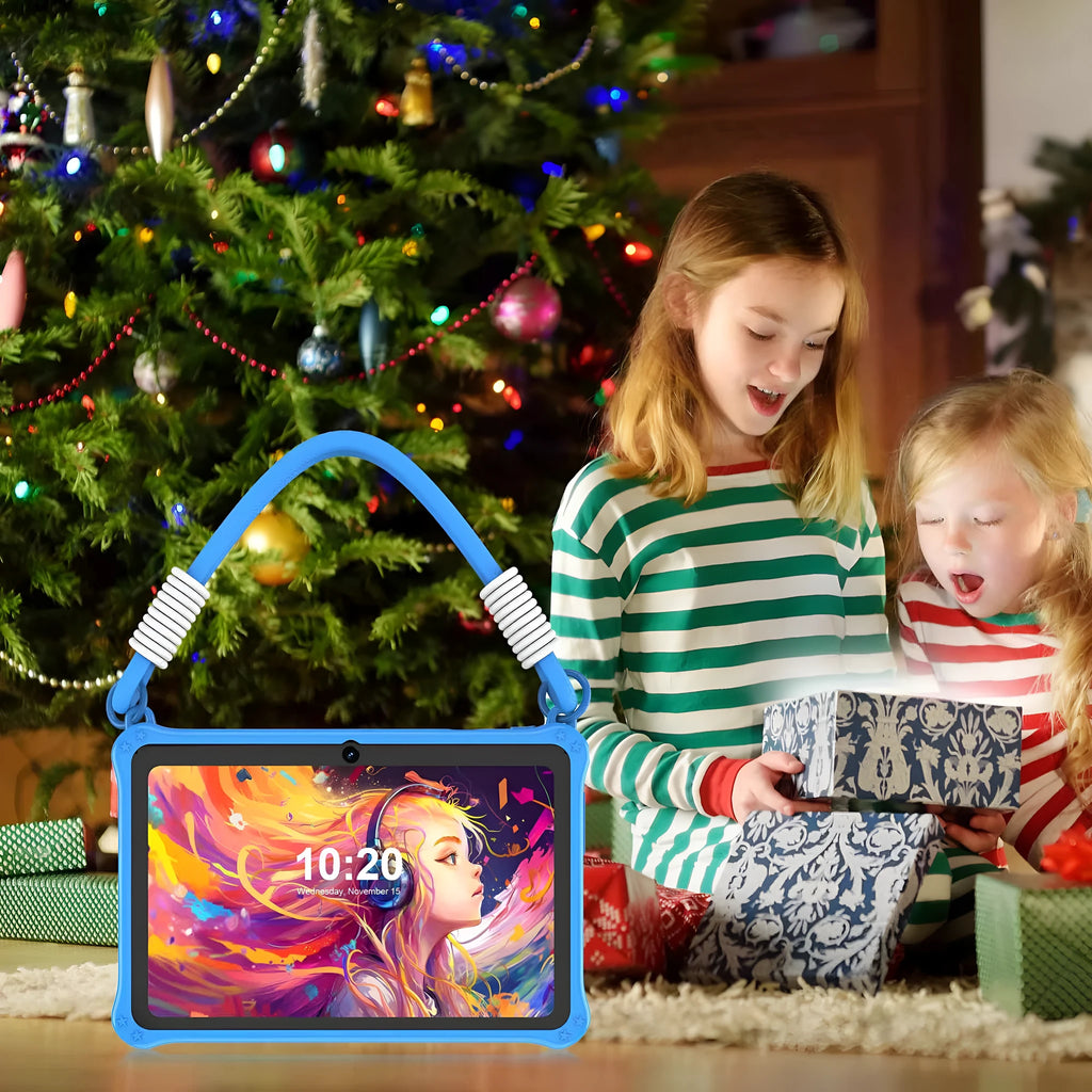 Sapphire blue silicone protective case for a 7-inch children's tablet, showing the integrated flat carry strap.