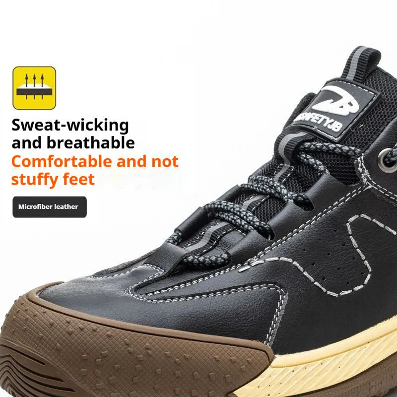 Leather safety work shoes with rubber soles in black, brown, grey, and khaki colours available in sizes 36-46