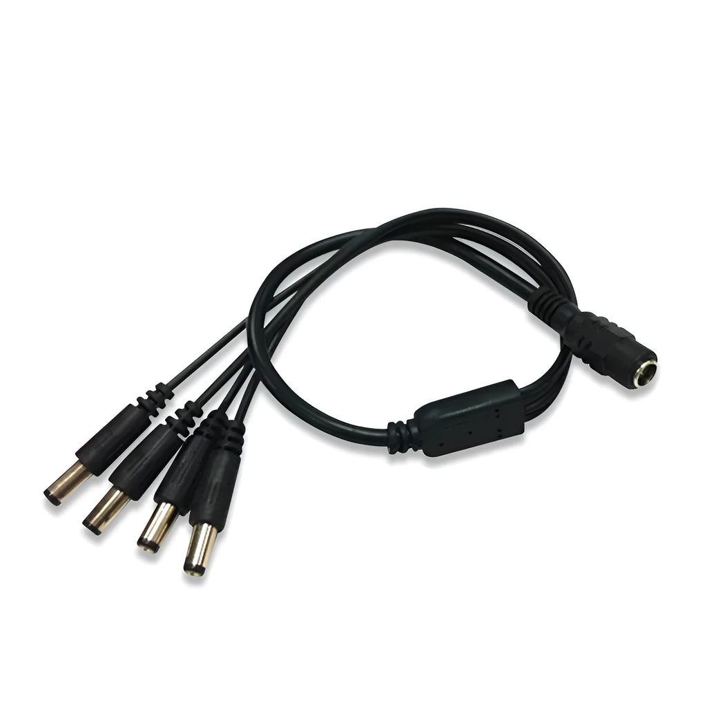 Black 12V DC 1-to-4 power splitter cable with five 5.5mm connectors for monitoring systems