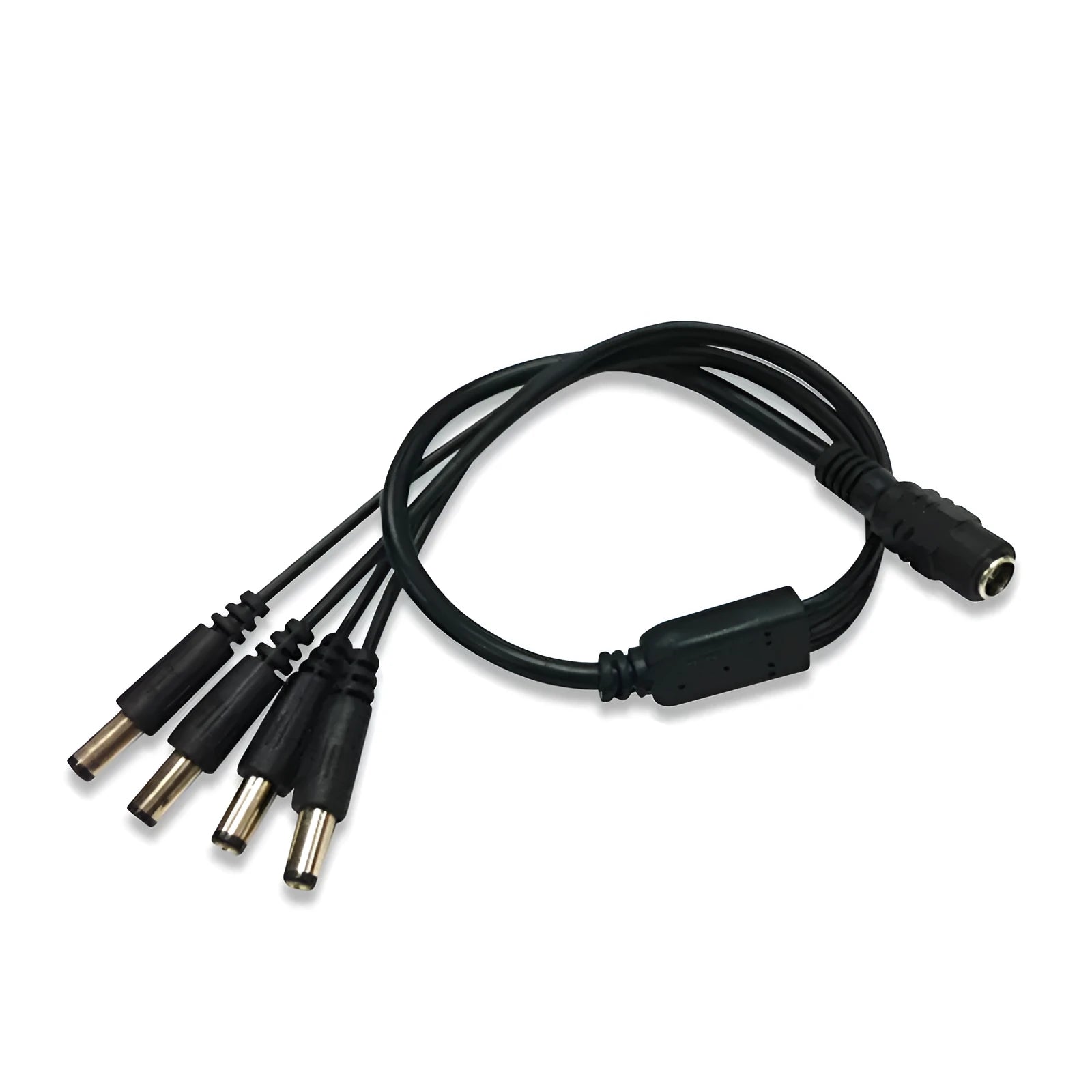 Black 12V DC 1-to-4 power splitter cable with five 5.5mm connectors for monitoring systems