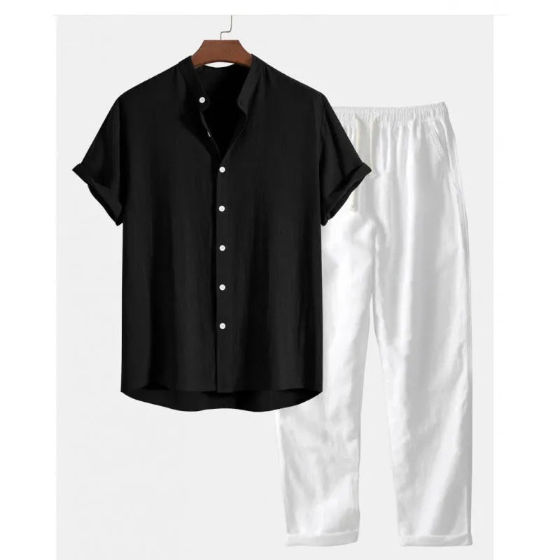 Men's light coloured linen-look casual short sleeve shirt and trouser two-piece suit set on a hanger.