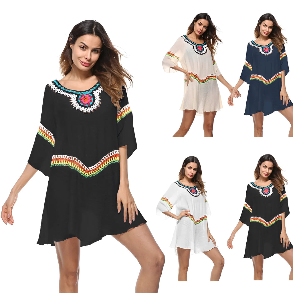 Crocheted white sun protection beach cover-up top for women, loose fit.