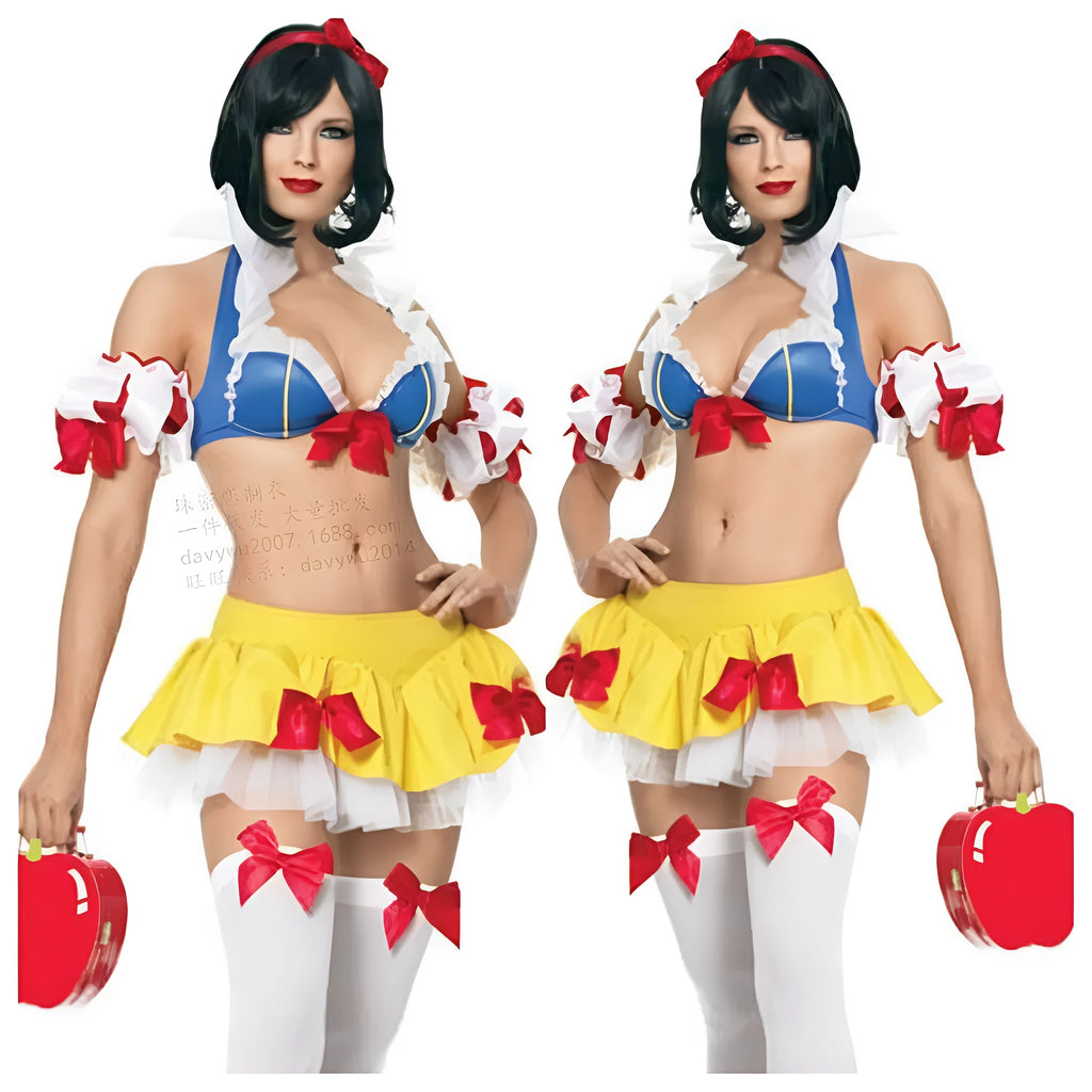 Anime Snow White costume set with headdress, top, short skirt, and hand sleeves on a hanger.