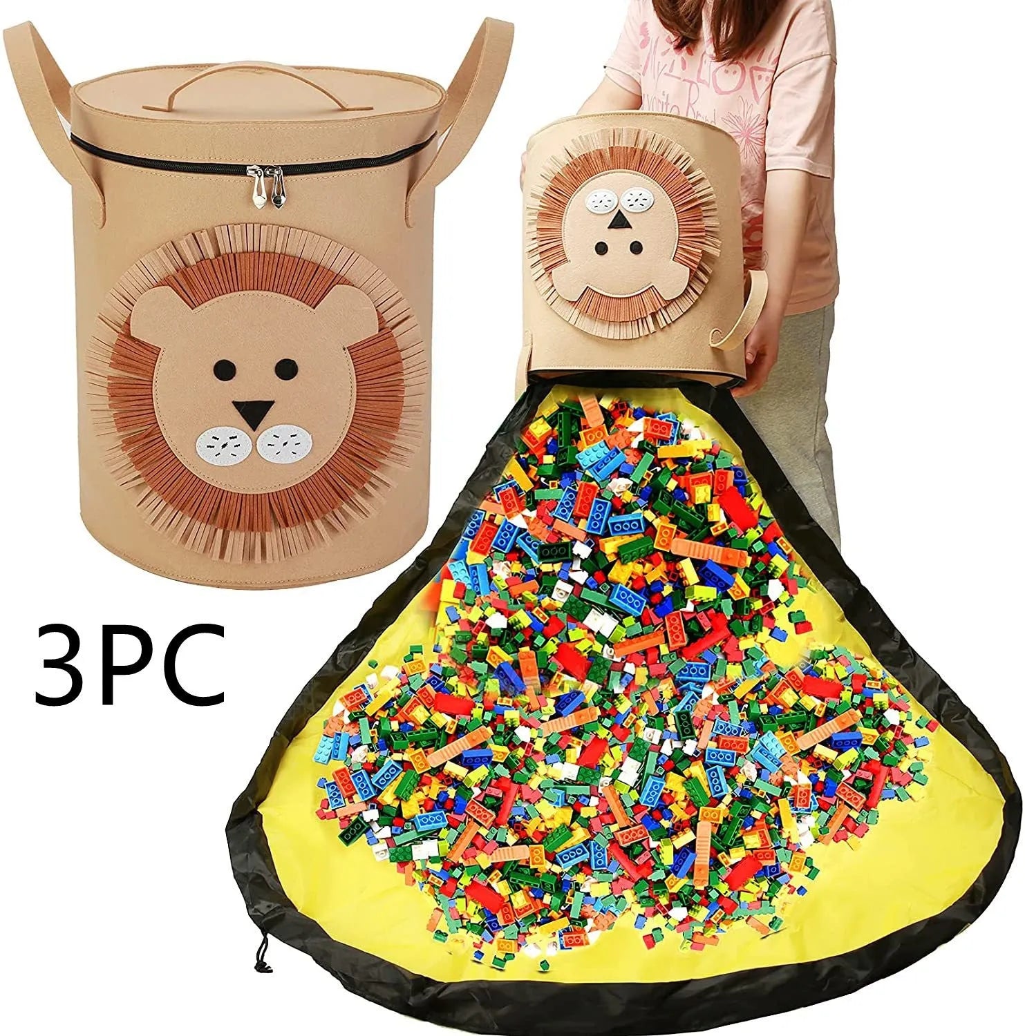 Green cube-shaped felt storage bag with pull rope lying flat as a play mat.