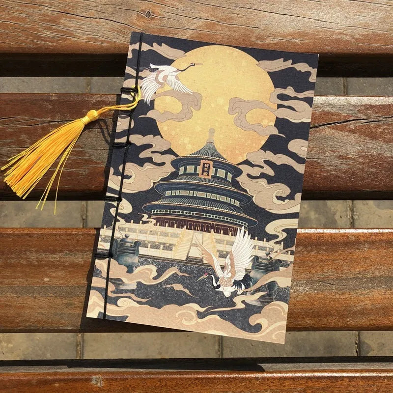 A5 antique wire-bound notebook with retro painting design on white cowhide cover