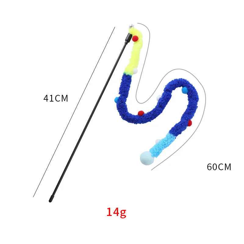 Blue plush strip cat wand toy with colourful fluffy bell attachment on 41cm pole