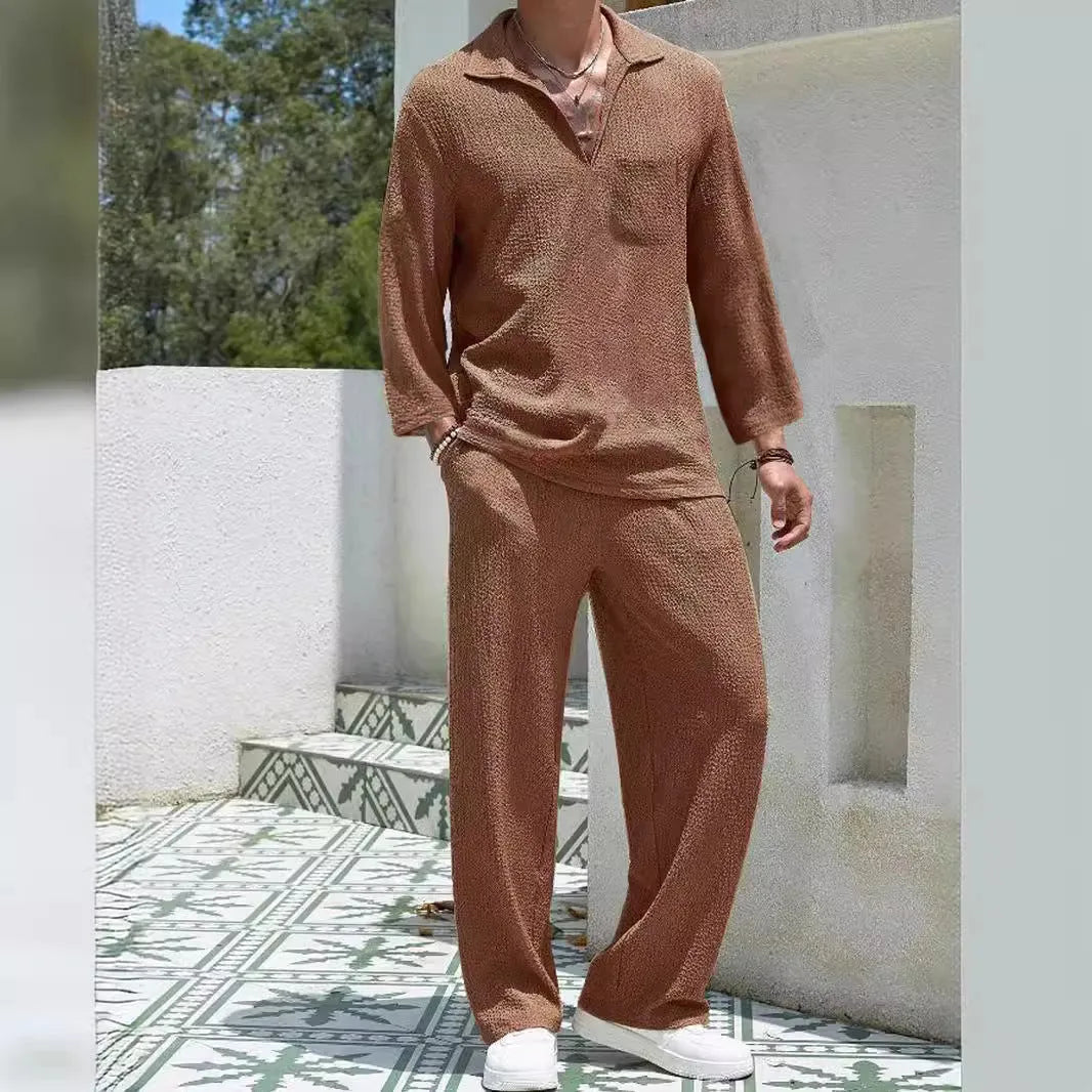 Men's casual shirt and trouser suit in polyester, shown in lake blue, for commuting and leisure wear.