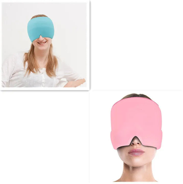 Cold therapy gel eye mask for headache relief in black colour on forehead