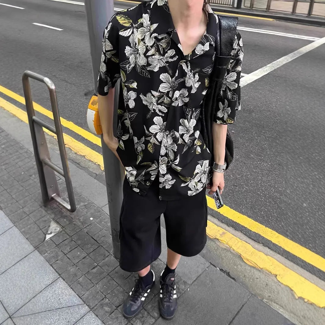 Black floral print men's shirt with a vintage Cuban collar and short sleeves, made from ice silk fabric.
