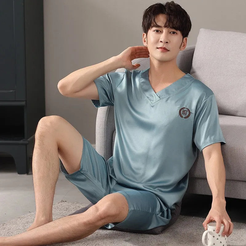 Men's ice silk loose-fit pajama set with short sleeve shirt and matching shorts in cooling fabric