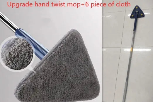 Extendable blue triangle mop with rotating head and long stainless steel pole for cleaning floors and walls.
